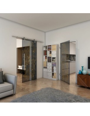 Ganzglastür - Fineprint Model 013 Gold auf Grauglas