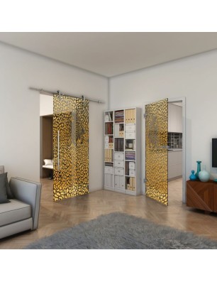 Ganzglastür - Fineprint Model 016 Gold auf Grauglas