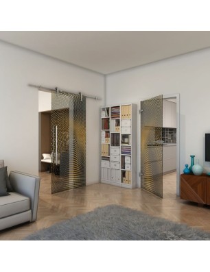 Ganzglastür - Fineprint Model 027 Gold auf Grauglas