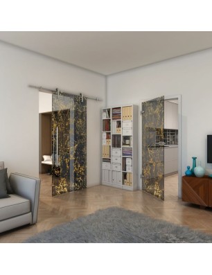 Ganzglastür - Fineprint Model 054 Gold auf Grauglas