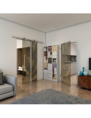 Ganzglastür - Fineprint Model 066 Gold auf Grauglas