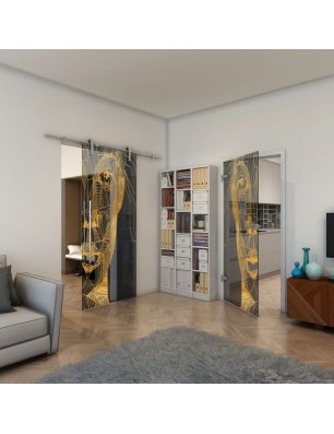 Ganzglastür - Fineprint Model 123 Gold auf Grauglas