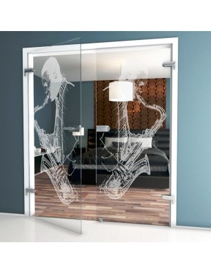 Ganzglastür Saksofonist Gelasert Auf Klarglas