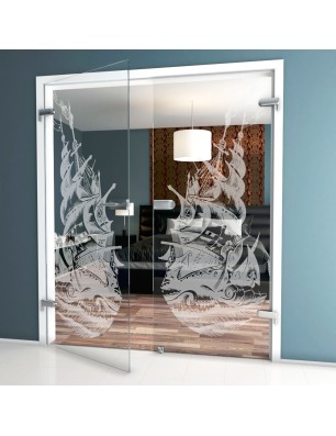 Ganzglastür Segelschiff Gelasert Auf Klarglas