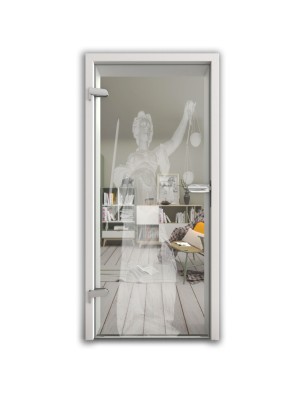 Ganzglastür Justitia Gelasert Auf Klarglas