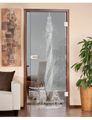 Ganzglastür Leuchtturm Gelasert Auf Klarglas