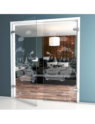 Ganzglastür kids car Gelasert Auf Klarglas