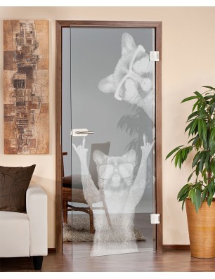 Ganzglastür Waschbären Gelasert Auf Klarglas