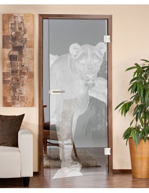 Ganzglastür Löwin Gelasert Auf Klarglas