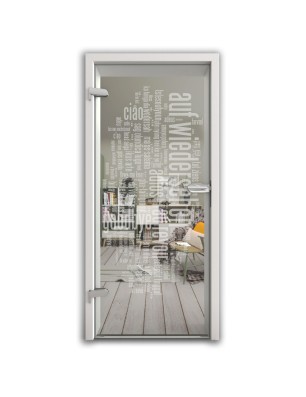 Ganzglastür Auf Wiedersehen Gelasert Auf Klarglas