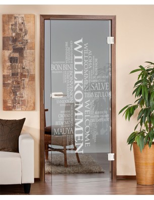 Ganzglastür Willkommen Gelasert Auf Klarglas