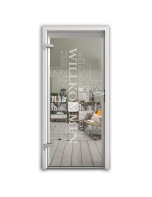 Ganzglastür Willkommen Gelasert Auf Klarglas