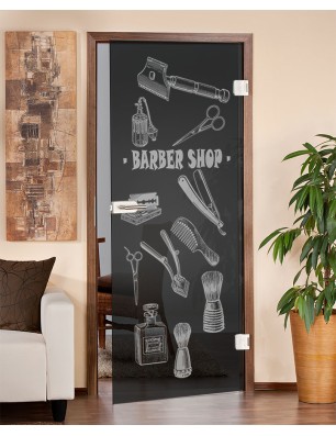 Ganzglastür Barber Shop Gelasert Auf Grauglas