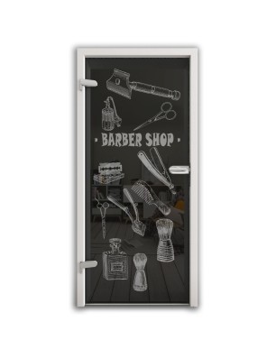 Ganzglastür Barber Shop Gelasert Auf Grauglas