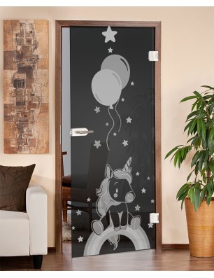 Ganzglastür Kid Pferd Gelasert Auf Grauglas