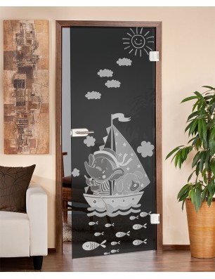 Ganzglastür Kid Boot Gelasert Auf Grauglas