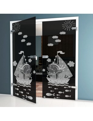 Ganzglastür Kid Boot Gelasert Auf Grauglas