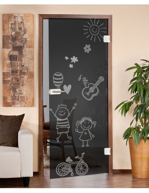 Ganzglastür Kid Happy Gelasert Auf Grauglas