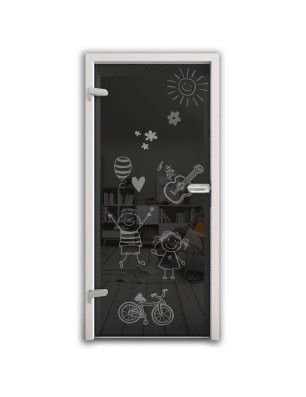 Ganzglastür Kid Happy Gelasert Auf Grauglas