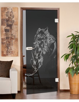 Ganzglastür Löwenmutter Gelasert Auf Grauglas