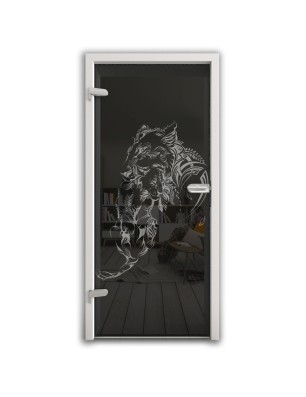 Ganzglastür Löwenmutter Gelasert Auf Grauglas