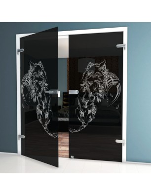 Ganzglastür Löwenmutter Gelasert Auf Grauglas