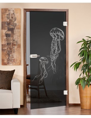 Ganzglastür Qualle Gelasert Auf Grauglas