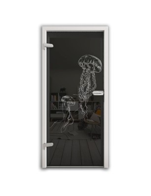 Ganzglastür Qualle Gelasert Auf Grauglas