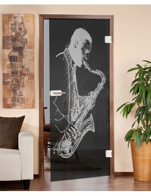 Ganzglastür Saksofonist Gelasert Auf Grauglas