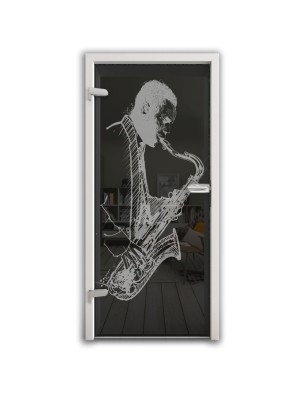 Ganzglastür Saksofonist Gelasert Auf Grauglas