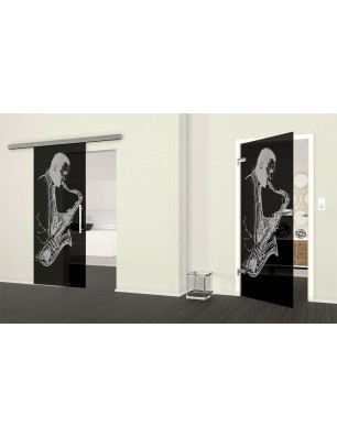 Ganzglastür Saksofonist Gelasert Auf Grauglas