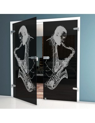 Ganzglastür Saksofonist Gelasert Auf Grauglas