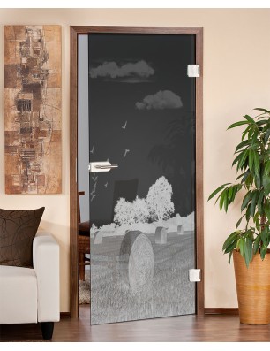 Ganzglastür Ernte II Gelasert Auf Grauglas