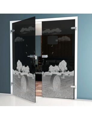 Ganzglastür Ernte II Gelasert Auf Grauglas