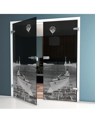 Ganzglastür Boot 4 Gelasert Auf Grauglas