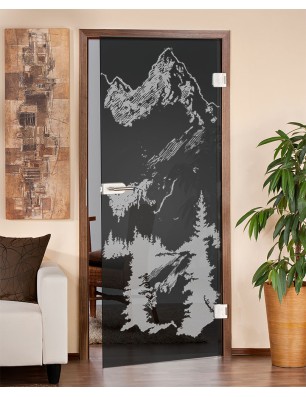 Ganzglastür Rocky Mountain Gelasert Auf Grauglas