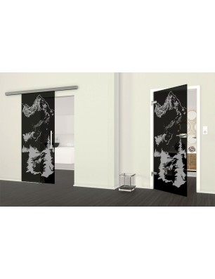 Ganzglastür Rocky Mountain Gelasert Auf Grauglas