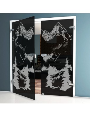 Ganzglastür Rocky Mountain Gelasert Auf Grauglas