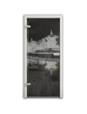 Ganzglastür Pagode Gelasert Auf Grauglas