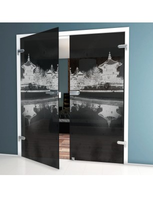 Ganzglastür Pagode Gelasert Auf Grauglas