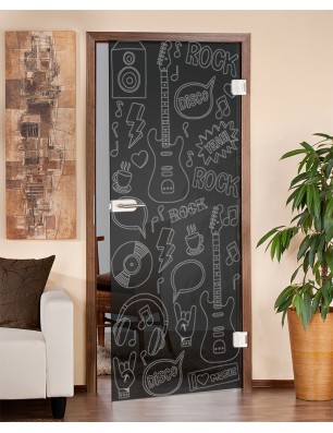 Ganzglastür Rock and Roll Gelasert Auf Grauglas