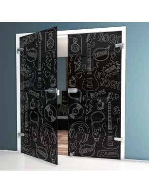 Ganzglastür Rock and Roll Gelasert Auf Grauglas