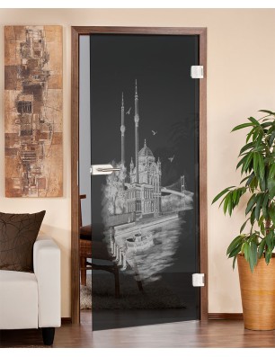 Ganzglastür Istanbul Gelasert Auf Grauglas