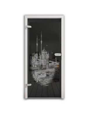 Ganzglastür Istanbul Gelasert Auf Grauglas