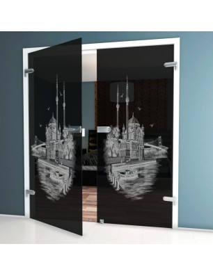 Ganzglastür Istanbul Gelasert Auf Grauglas