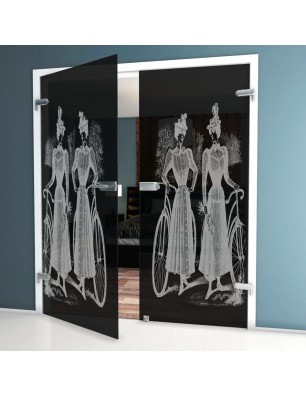 Ganzglastür Fahrrad Gelasert Auf Grauglas