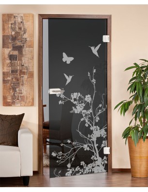 Ganzglastür Birds Gelasert Auf Grauglas