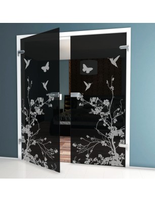 Ganzglastür Birds Gelasert Auf Grauglas