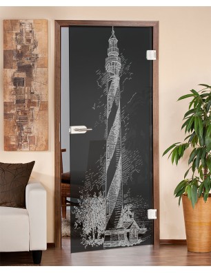 Ganzglastür Leuchtturm Gelasert Auf Grauglas