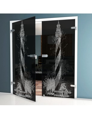 Ganzglastür Leuchtturm Gelasert Auf Grauglas
